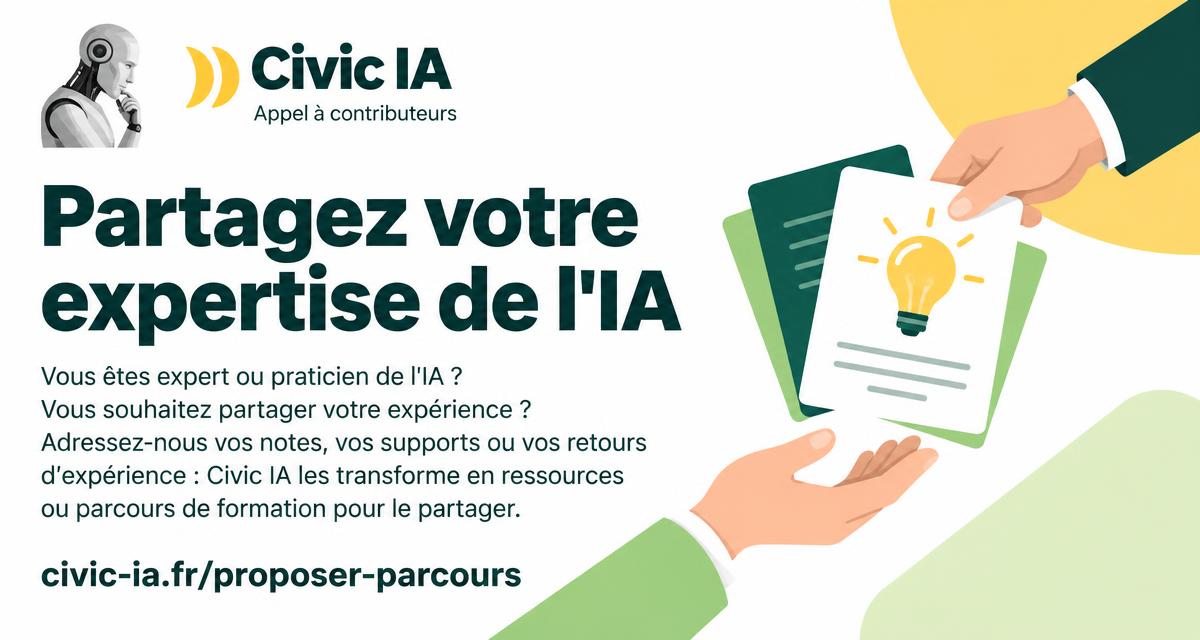 Partagez votre expertise de l'IA. Vous êtes expert ou praticien de l'IA ? Vous souhaitez partager votre expérience ? Adressez-nous vos notes, vos supports ou vos retours d'expérience : Civic IA les transforme en ressources ou parcours de formation pour le partager.